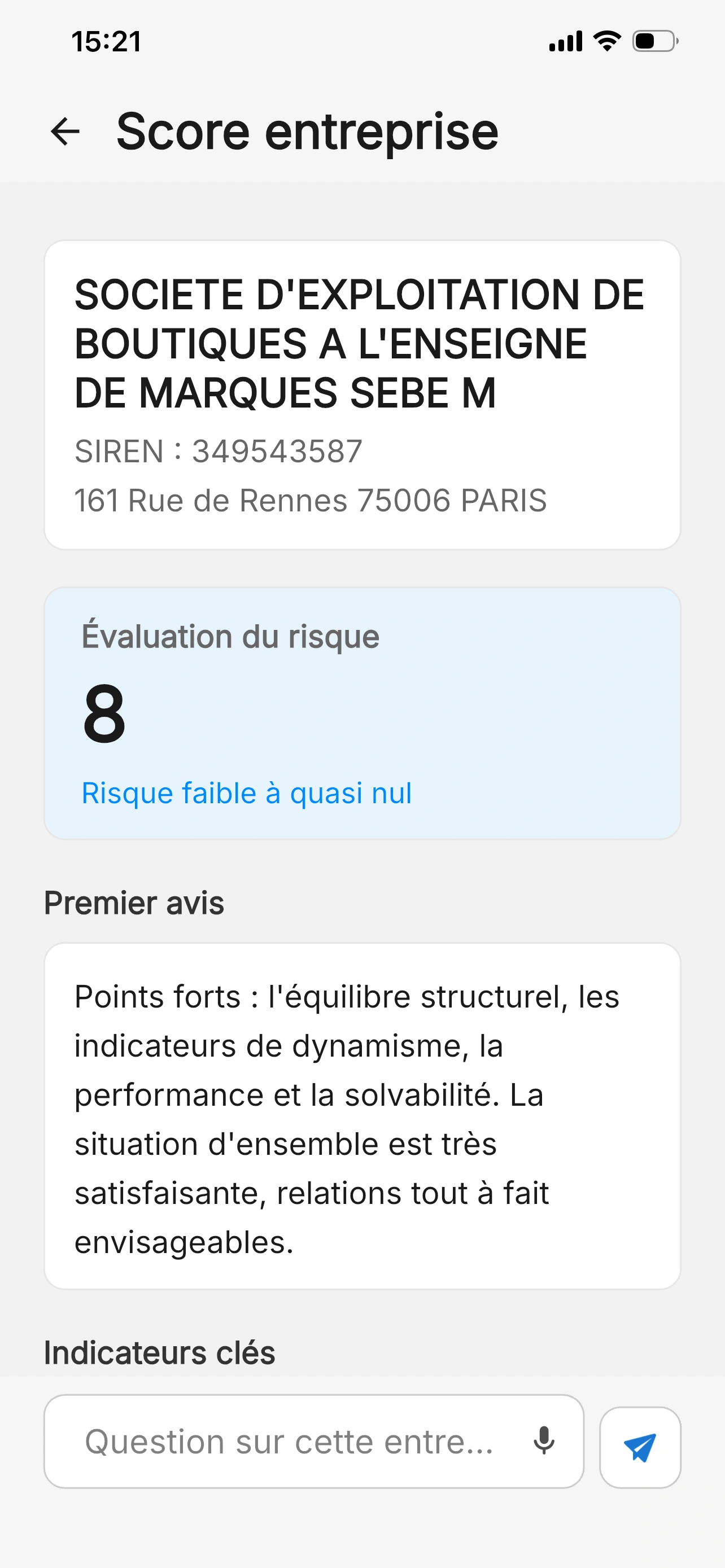 Capture ACCURIA du score de la société SEBE M, SIREN 349543587 : évaluation du risque 8 et premier avis sur sa situation financière.